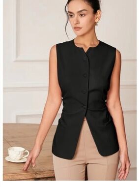 AEL Amy Enjoy Life black vest ruched sides button up pockets size XL